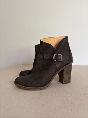 Timberland Women's Dark Brown Suede Buckle Ankle Boot with Stacked Heel 7